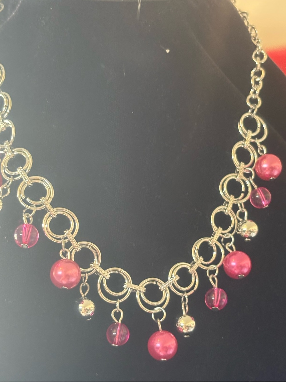 Elegant Pink Bead and silver tone Ring Statement Necklace